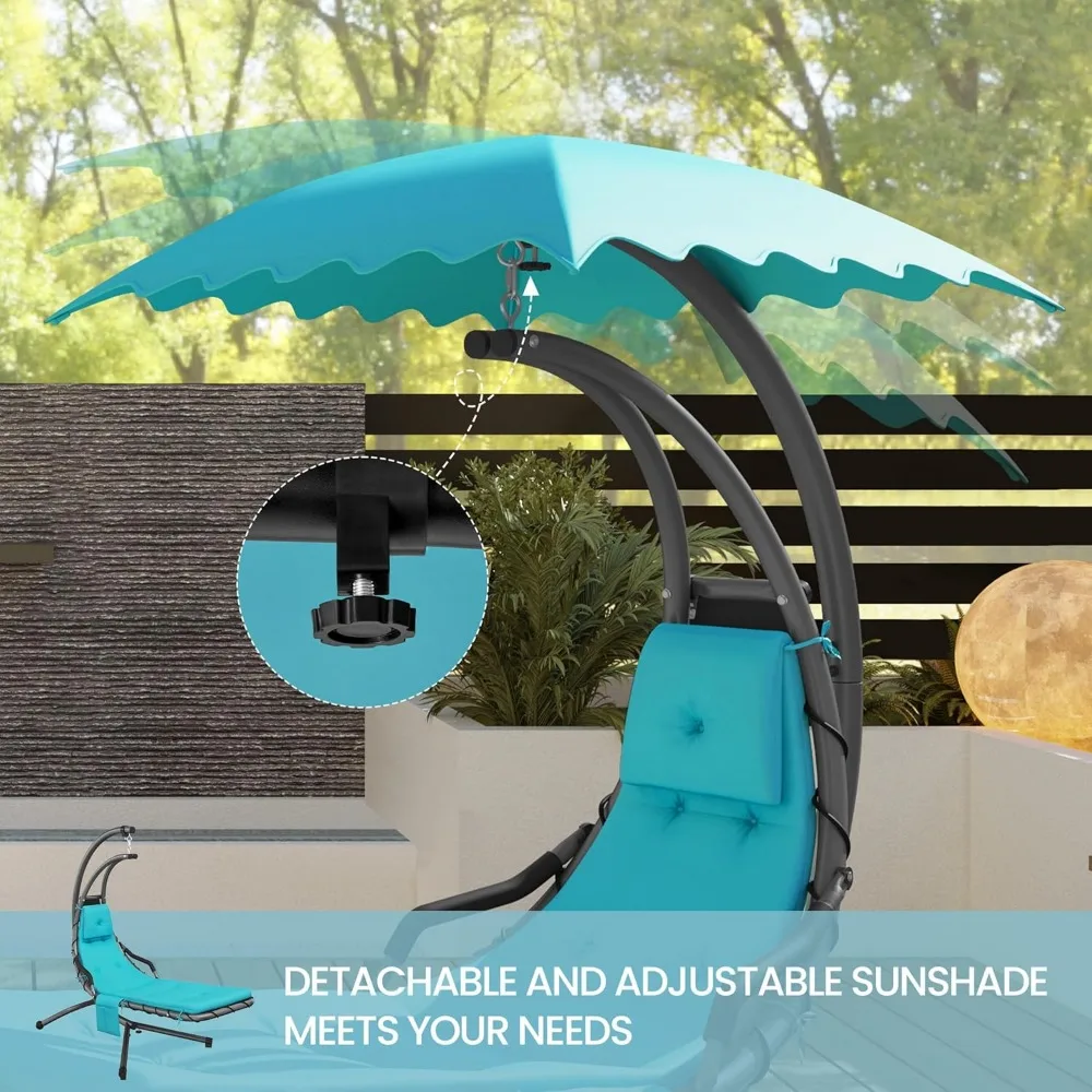 Outdoor Hanging Chaise Lounge Chair Hammock Chair w/Built-in Pillow and Removable Canopy for Patio Backyard Deck Garden - Teal