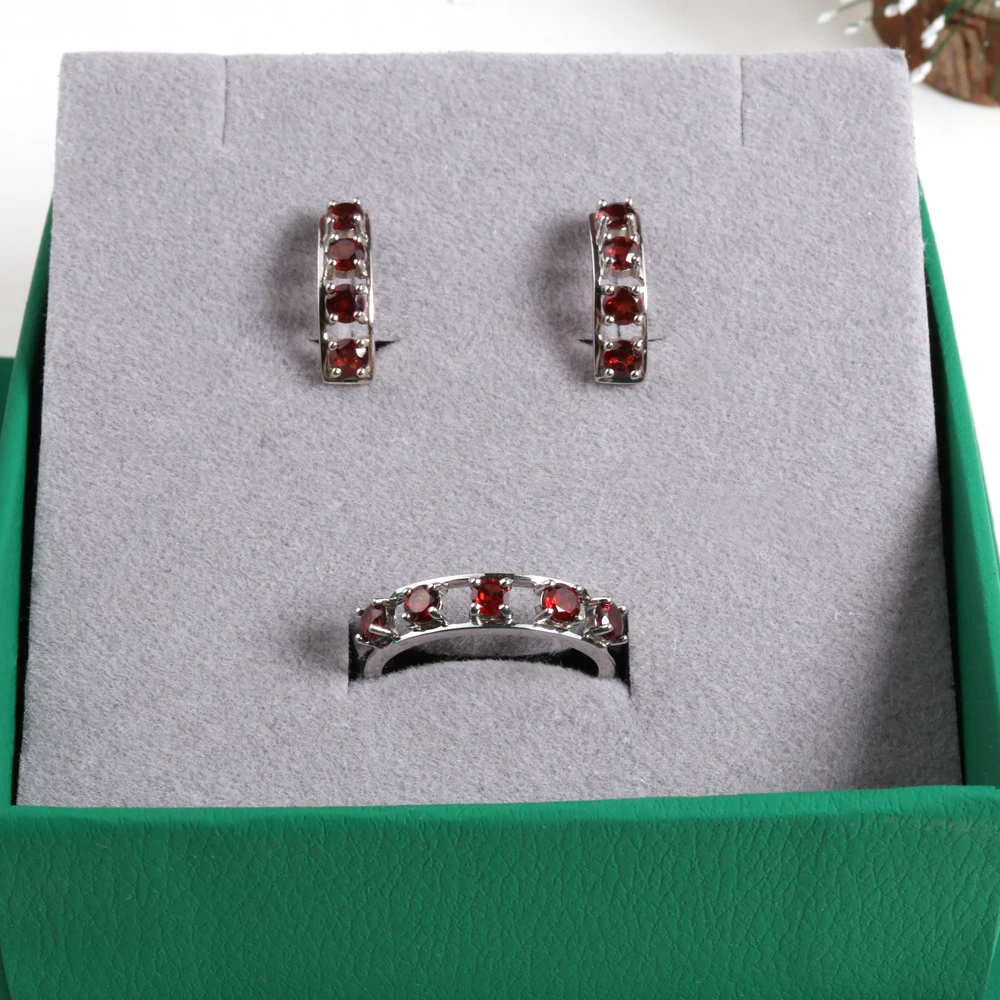 

Classic Designer Silver Ring & Earrings Set for Women Natural Garnet January Birthstone Light Luxury Jewelry Anniversary gift