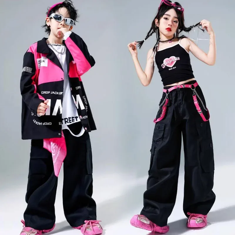 Jongens Hiphop Kleding Contrast Jas Cargo Broek Meisjes Rode Crop Jas Streetwear Streetdance Kostuums Kids Jazz Kleding Sets