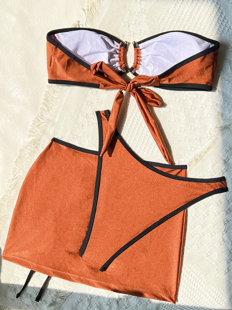 مع تنورة العصابة البرازيلي بيكيني النساء ملابس السباحة الإناث ثلاث قطع مجموعة البكيني الاستحمام ثوب السباحة السباحة بحر