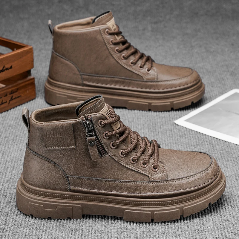 Sports Shoes Mens High Top Boots Fashion Outdoor Anti Slip Versatile Work Business Leather Shoes Durable Flat Casual Commuting