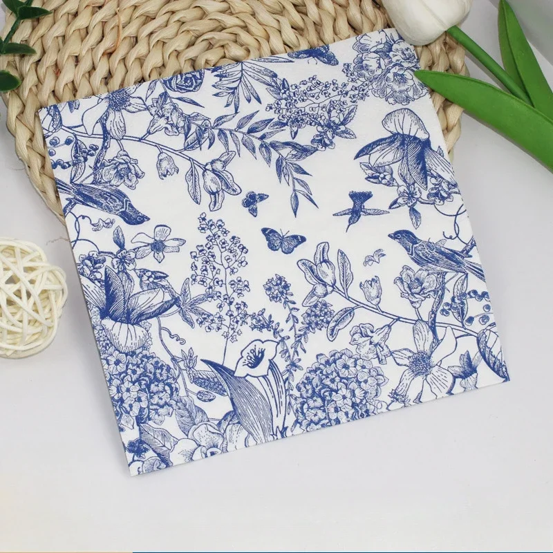 

20 шт., 33 см, 2-слойная бумага для рисования с принтом цветов и птиц, келадон, синие чернила, квадратная папиросная бумага с принтом «сделай сам», декупаж