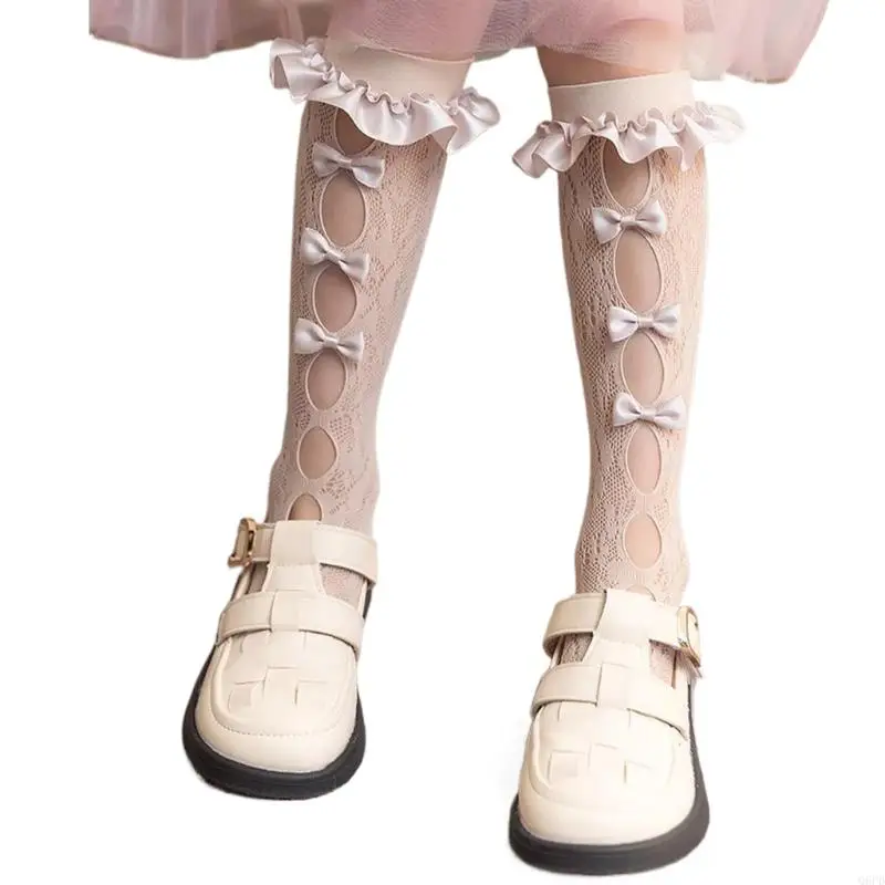

Q6PD Bowknot High Boot Socks Leg Cover Long Stockings Hollow Out Fashion Loose Socks