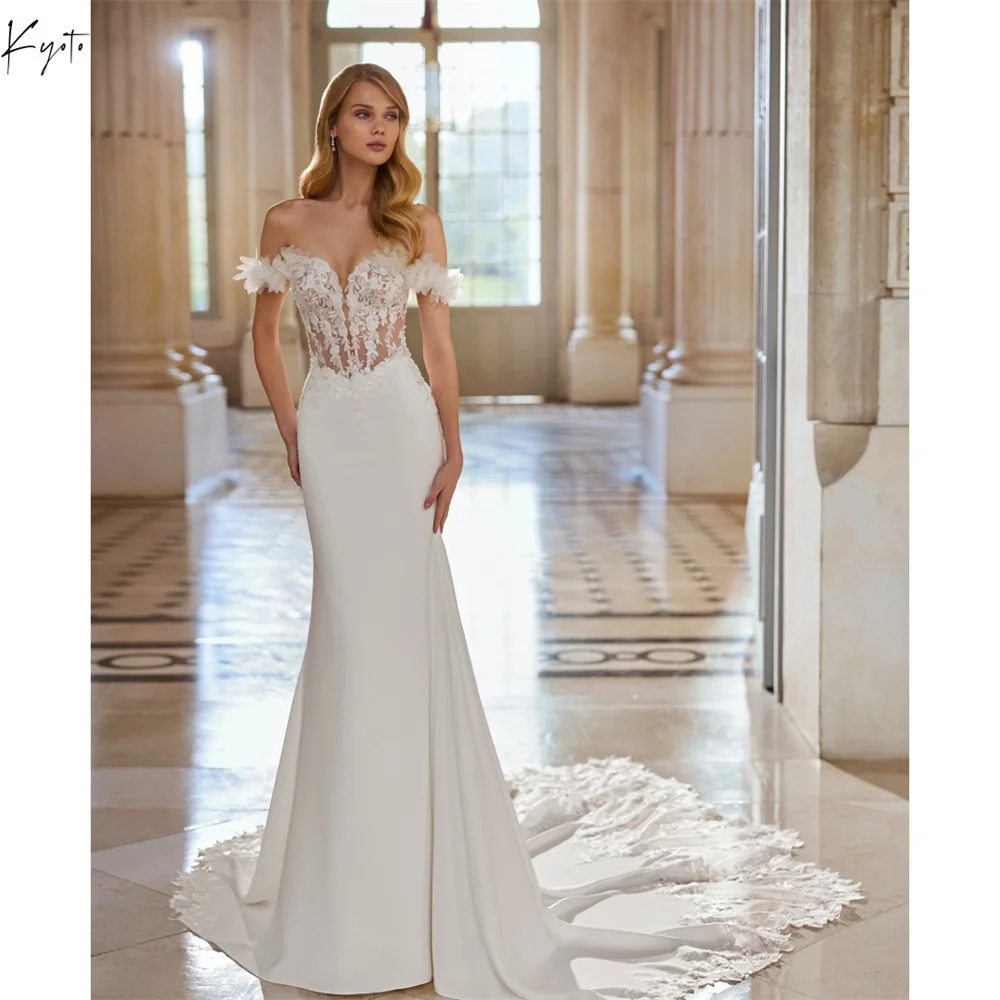 

Kyoto White Embroidery Appliques Wedding Dresses Off Shoulder Customized فساتين سهرات Mermaid Long Train vestidos de novia