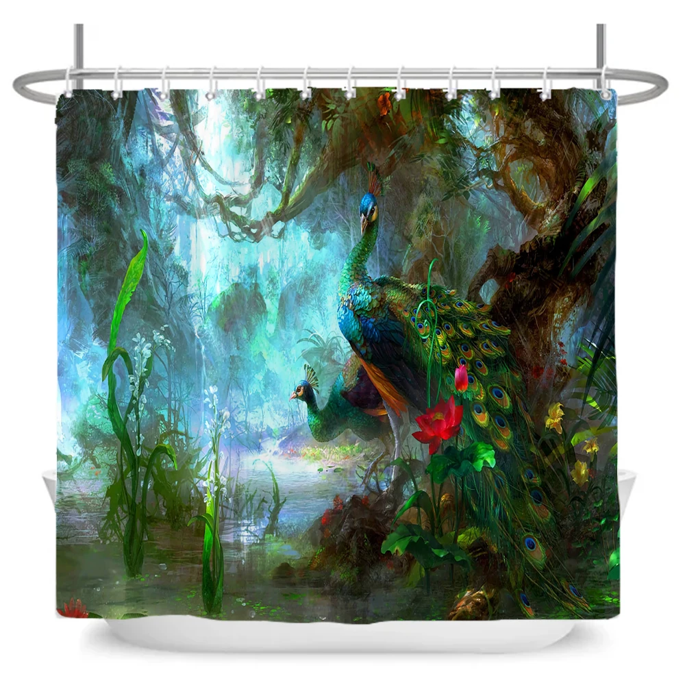 Flower-bird Peacock Waterproof Polyester Shower Curtain with Hooks For Bathtub Bathroom Screen Home Decor Large Size Wall Cloth