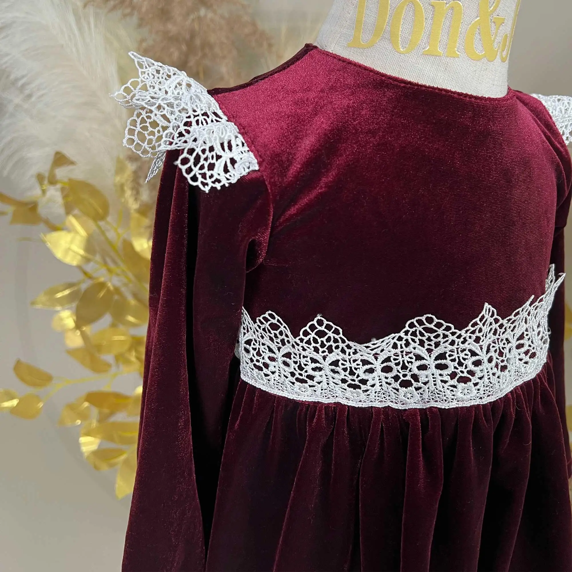 Don&Judy Baby Girl Dress Lace Trim Skirt Long Sleeves Korean Fleece Dress For Autumn Baby Birthday Gift Cloth For Photography