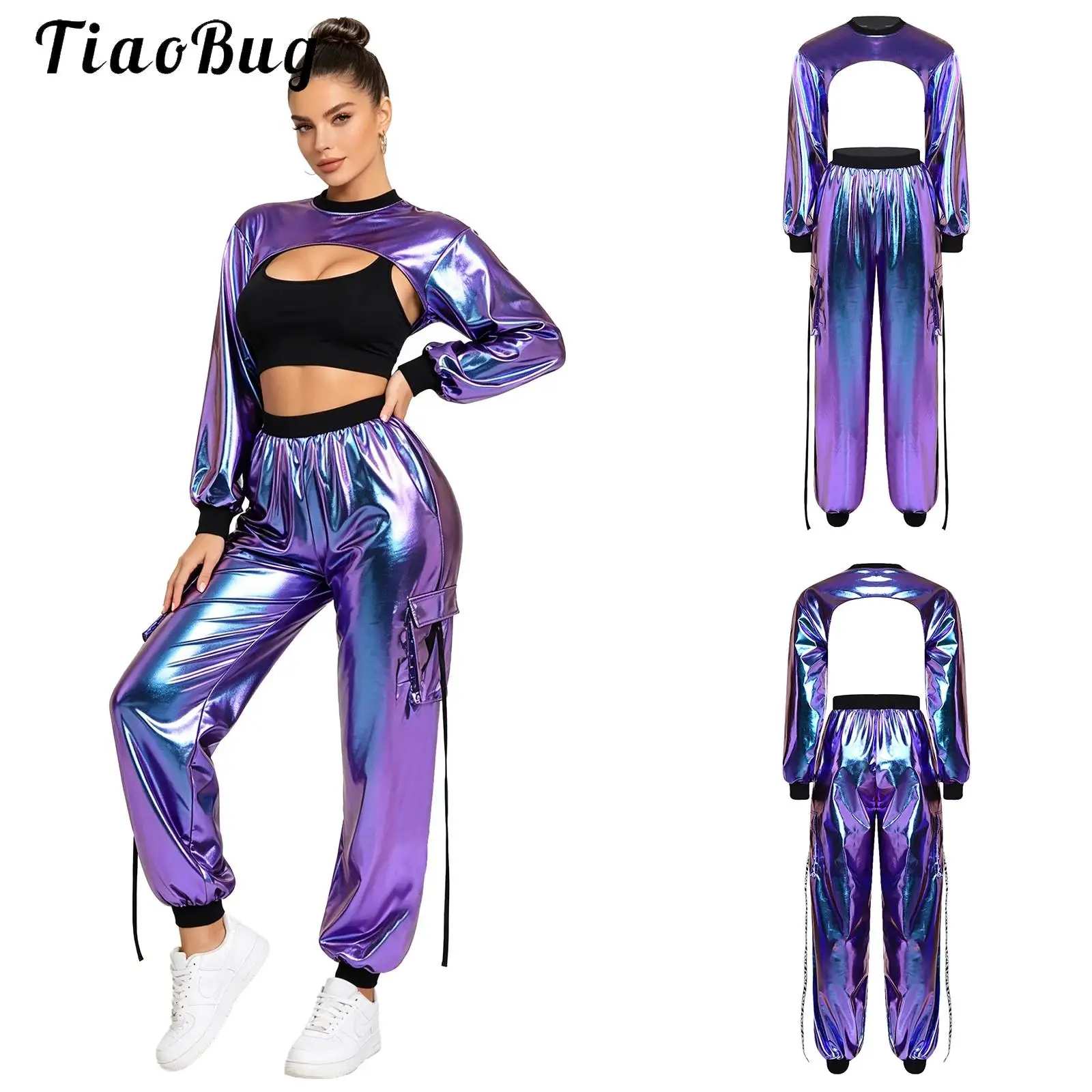 women-shiny-metallic-disco-bar-outfit-long-sleeve-crop-top-and-letter-printed-band-cargo-pants-set-for-jazz-hip-hop-dance