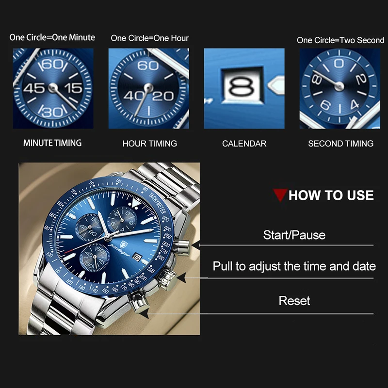 Imagem -05 - Poedagar-homens Luminous Chronograph Relógio de Pulso Relógio Masculino Relógios de Negócios Marca Calendário Masculino Aço Inoxidável
