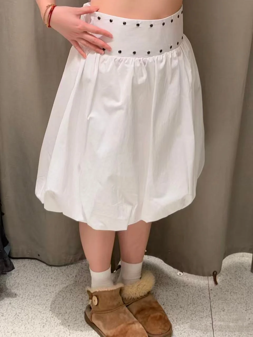 Spring 2026 New Arrival Women's Midi Skirt Casual Style Rivet Balloon Version Spicy Girl Street Style mid Waist Cotton A-Line...