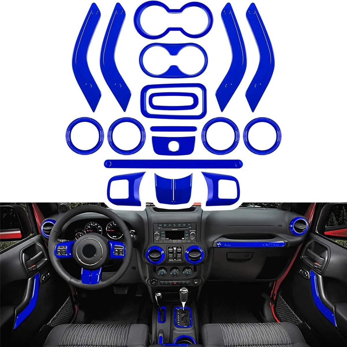 18Pcs Decorative Frame Ring Central Control Interior Car Accessories for Jeep Wrangler Blue