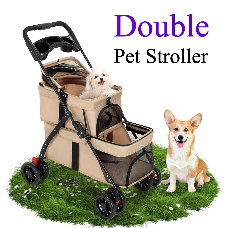 Double Pet Stroller Foldable Stroller for 2 Dogs Cats Two-Seater Carrier Twin Dog Walk Jogger Travel Carriage with Cup Storage