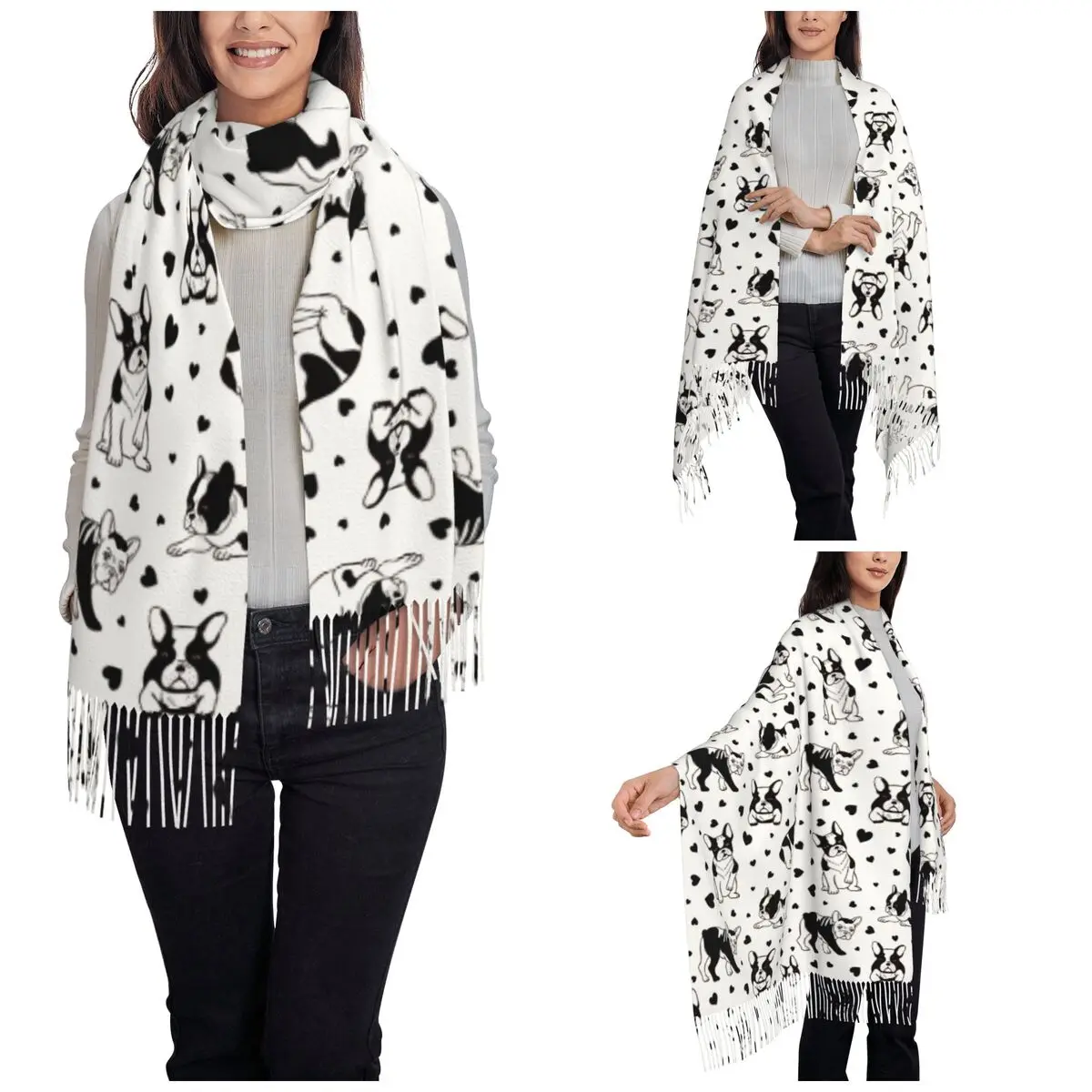 Women's Tassel Scarf Dogs French Bulldog Large Winter Warm Shawl Wrap Daily Wear Pashmina Scarves