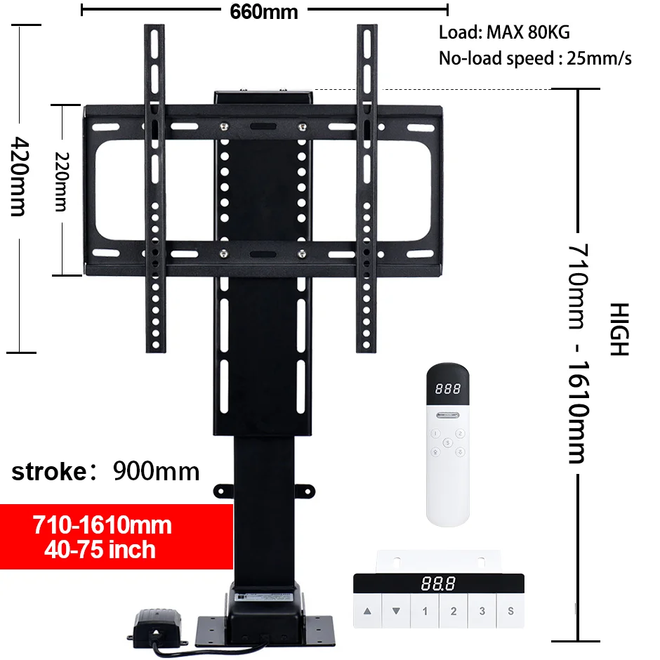 Uchwyt do telewizora silnik prądu stałego 100kg uchwyt monitora wysokości regulowany elektrycznie zdalnego sterowania 900MM 650MM 1500mm skok