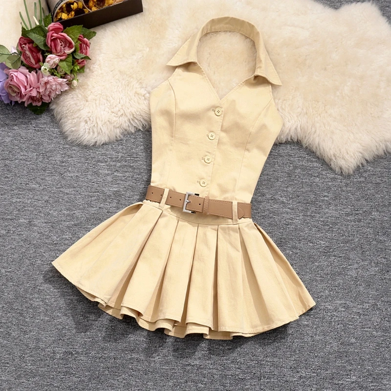 

Summer women sexy hanging neck backless single breasted pleated skirt with waist belt slim fit waist cinching dress