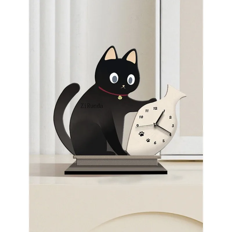 Fotografia 6: Relógio de mesa silencioso, ornamento de relógio de gato para sala de estar, relógio de mesa