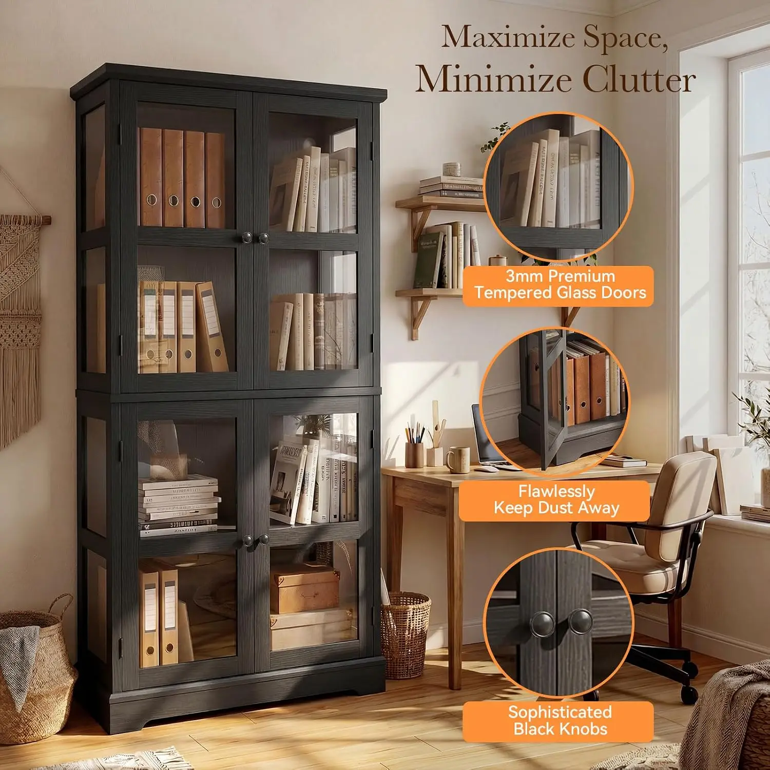 LED Bookcase Glass Doors & Storage Shelves, Display Cabinet for Books & Collectibles, Living Room Curio, 68", Customized view 3