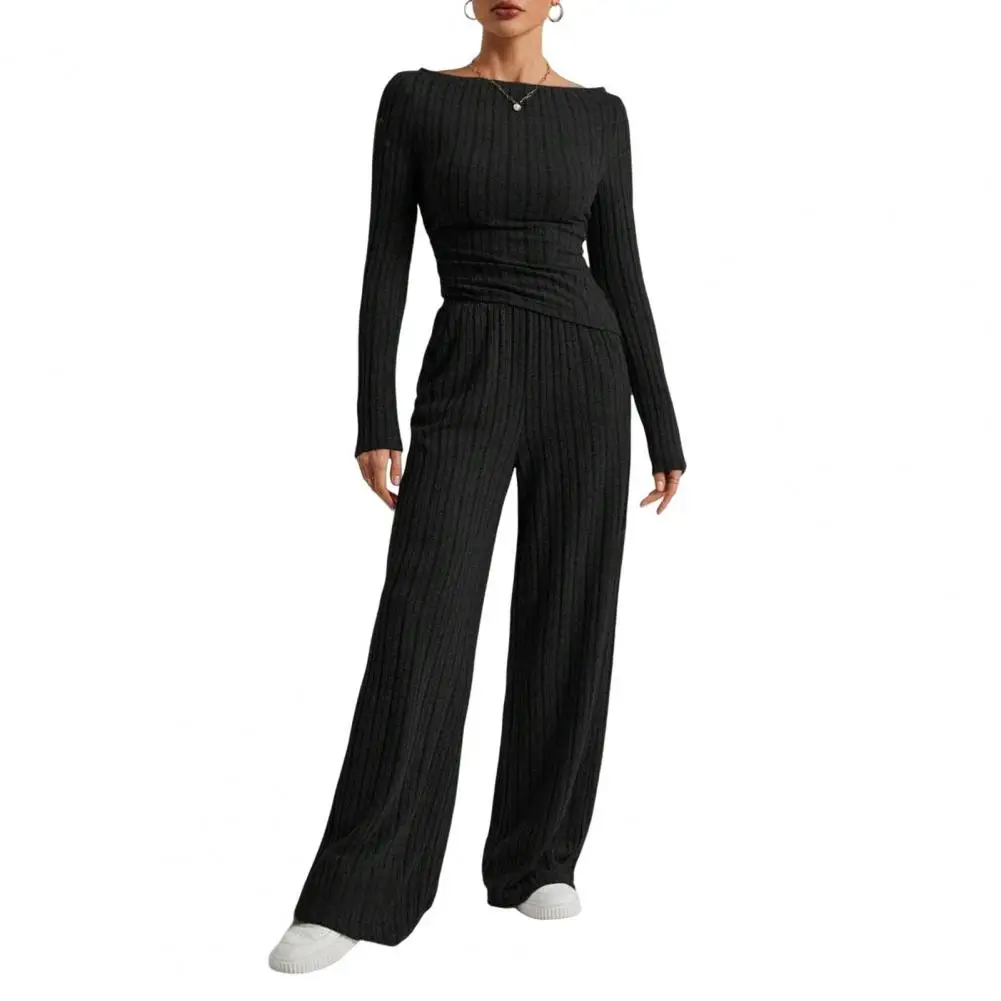 Women Wide-leg Trousers Suit Elegant Boat Neck Knitwear Set with Wide Leg Trousers Thread Knit Top for Fall