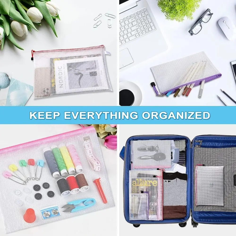 Organizador de documentos, bolsa de malla con cremallera, bolsas de maquillaje cosmético, carpeta de documentos de gran capacidad, bolsa de almacenamiento de plástico, organizador de archivos