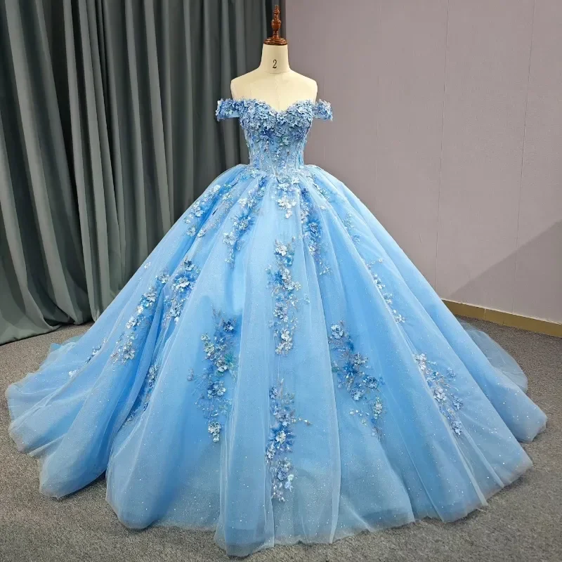 

Sky Blue Princess Quinceanera Dresses Beads Appliques Handmade 3D Flowers Beads Princess Ball Gowns Sweet 15 Party Wear Custom