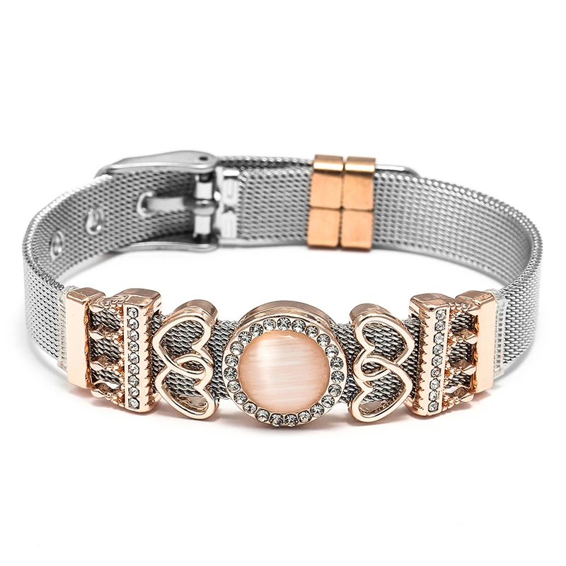 10mm Stainless Steel Mesh Bracelets With Crown Heart To Heart Beads Charm Keeper Bracelets Bangles For Women Men Jewelry