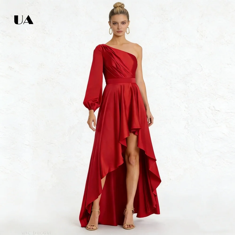 ULBYANRY 새틴 비대칭 프롬 드레스, 퍼프 슬리브가 있는 솔리드 플리츠 이브닝 드레스, 여성용 드레이프 맞춤형 파티 가운