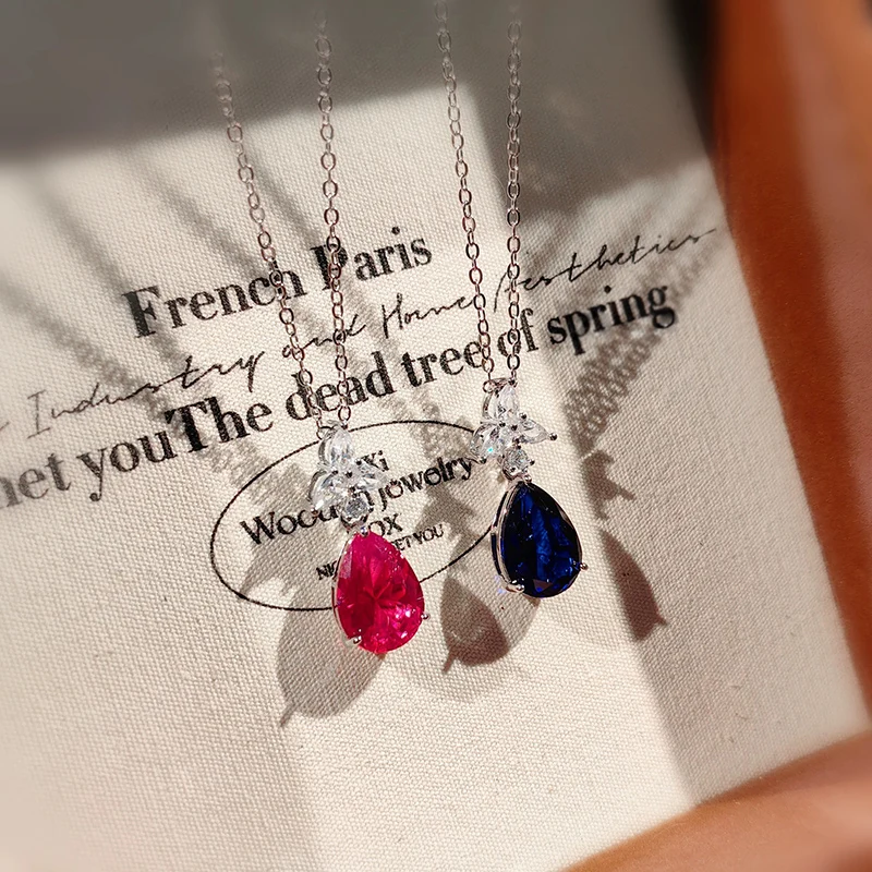 Fashion luxurious Blue Crystal Droplet Pear Shaped Necklace Simple Versatile 925 Silver Necklace for Women Gift KOFSAC