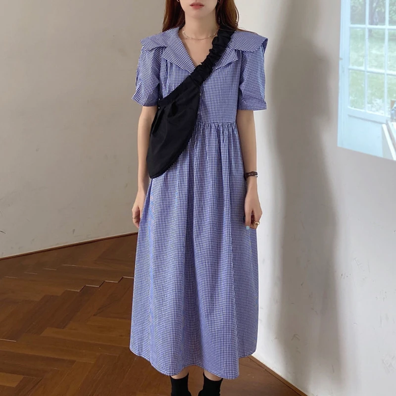 Chic rétro Plaid taille-colletée genou longueur ort-Sve irt Dr femmes Faionable col rabattu fermeture à bouton t-shirt