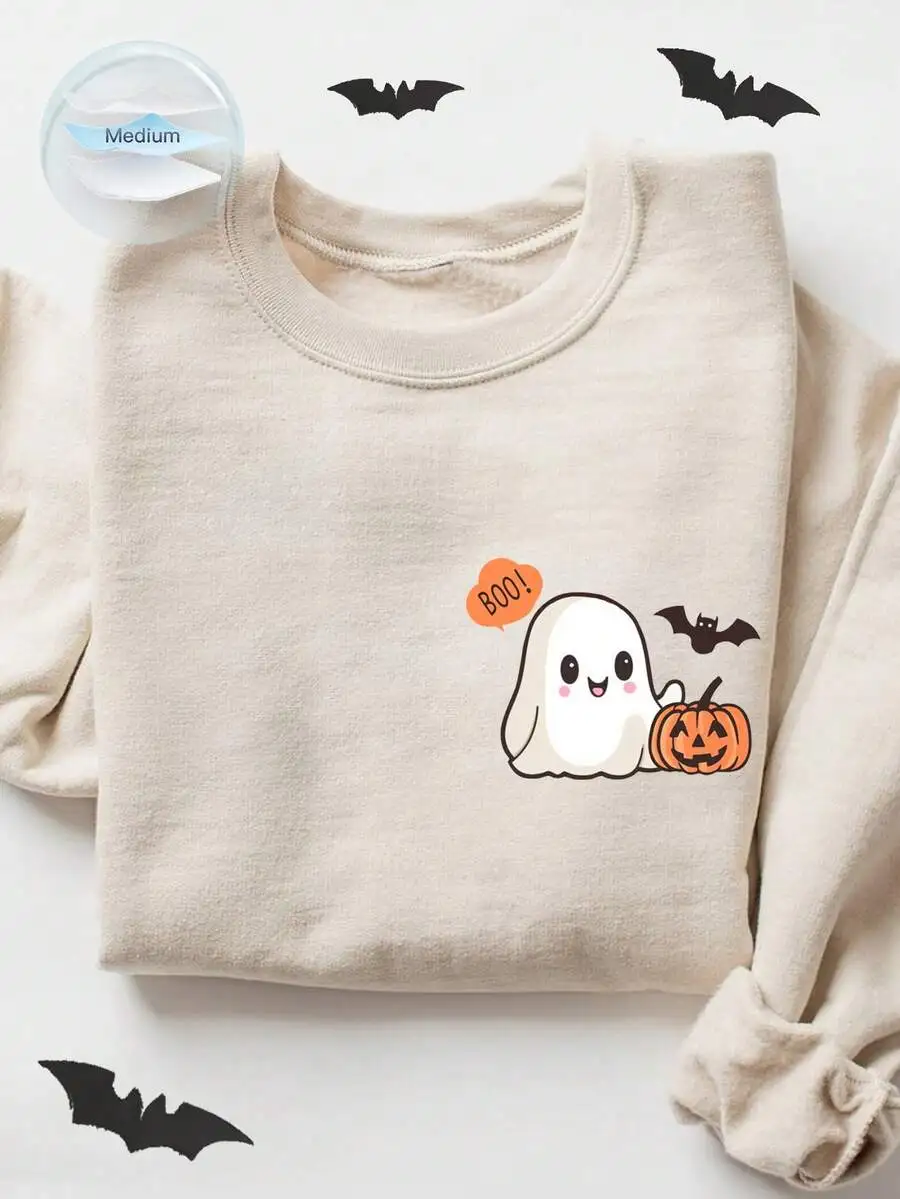 Cute Ghost Boo Sweatshirt Women Kawaii Halloween Crewneck Beige Pumpkin Graphic Pullover Fall Fleece Clothes Loose Fitting