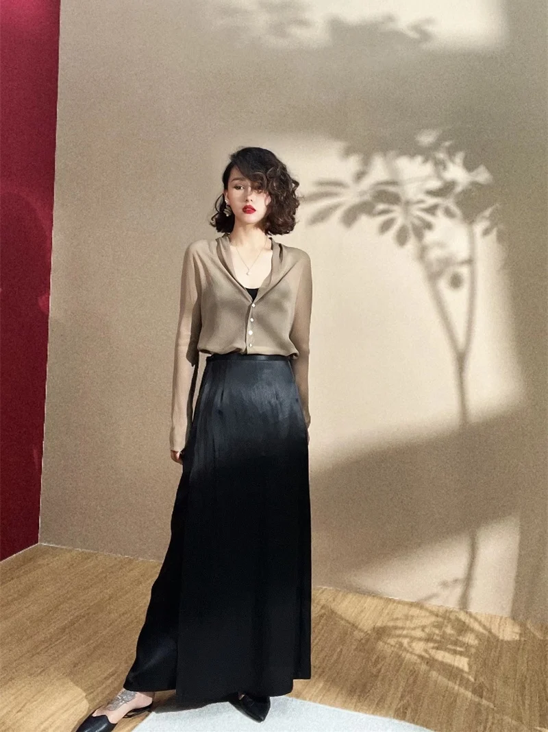 

Шелковая юбка Bla Heavyweight с поясом, ультрадлинная, с завышенной талией, стройнящая, универсальная, А-силуэт, миди, H2328