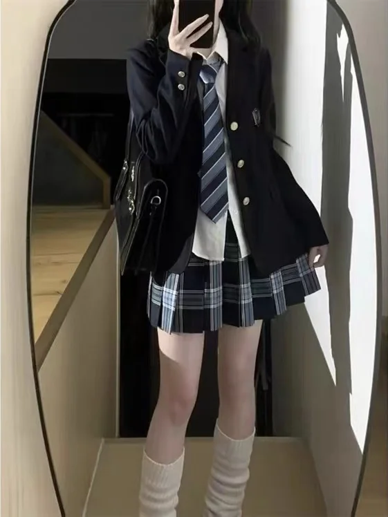 Original JK Uniform Autumn Winter Outfit Long Sleeve Shirt And Skirt Set High Waist Breathable V-Neck Button Style College Style