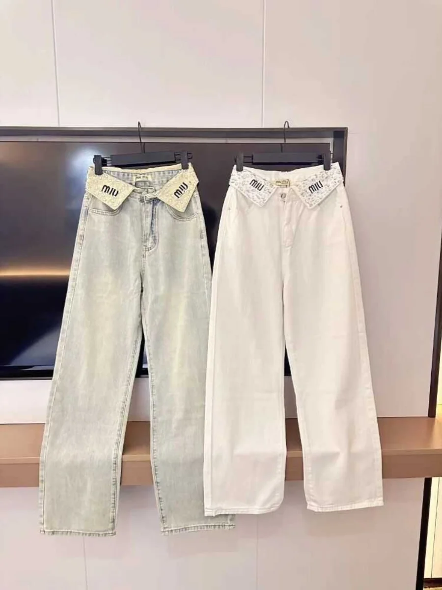 

Джинсы женские с высокой талией и широкими штанинами, летне-осенние, длинные, с бриллиантовой отделкой, в уличном стиле, прямого кроя