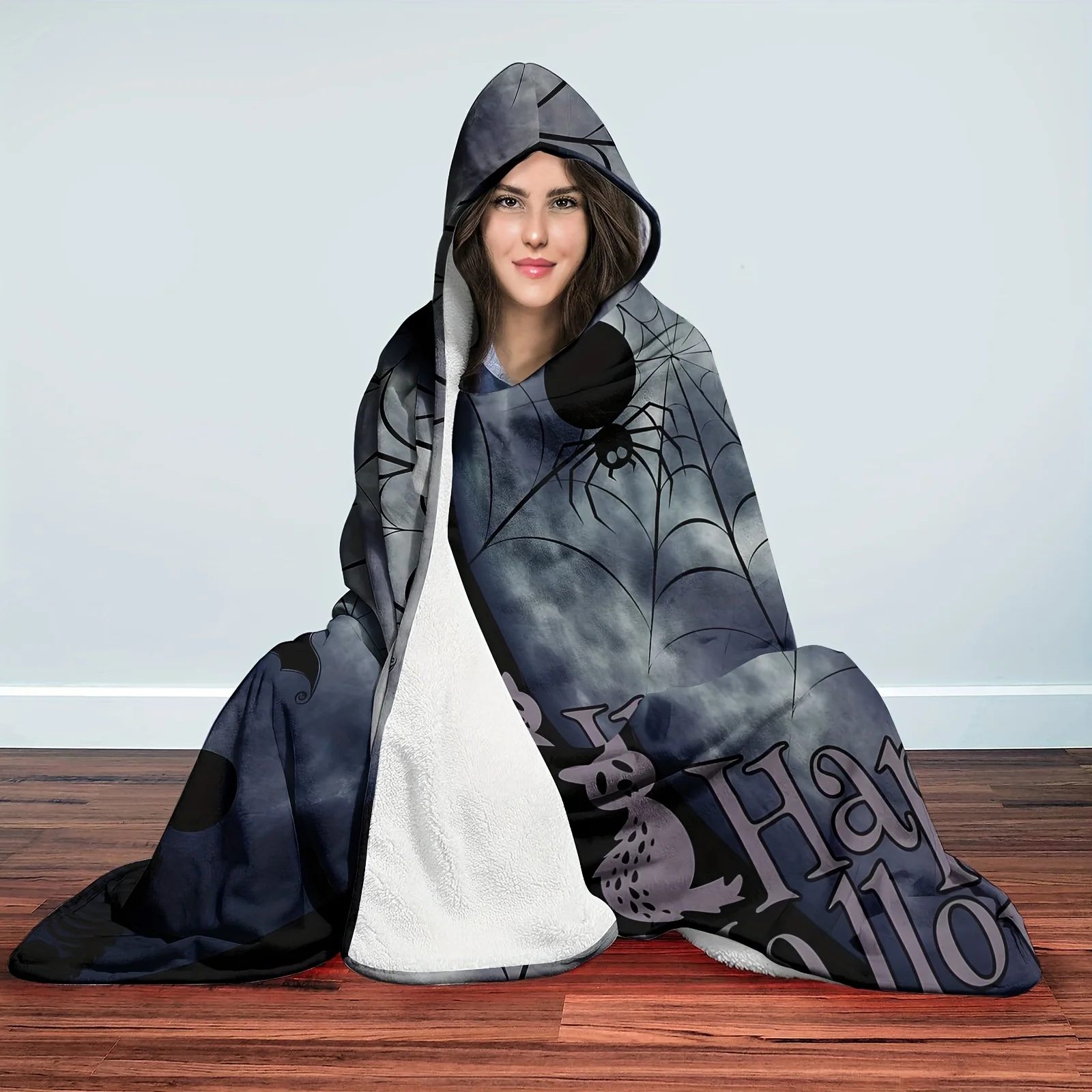 1pc Halloween Pattern Hooded Blanket Thick Nap Wearable Magic Blanket Hooded Cape Cozy Warm Soft