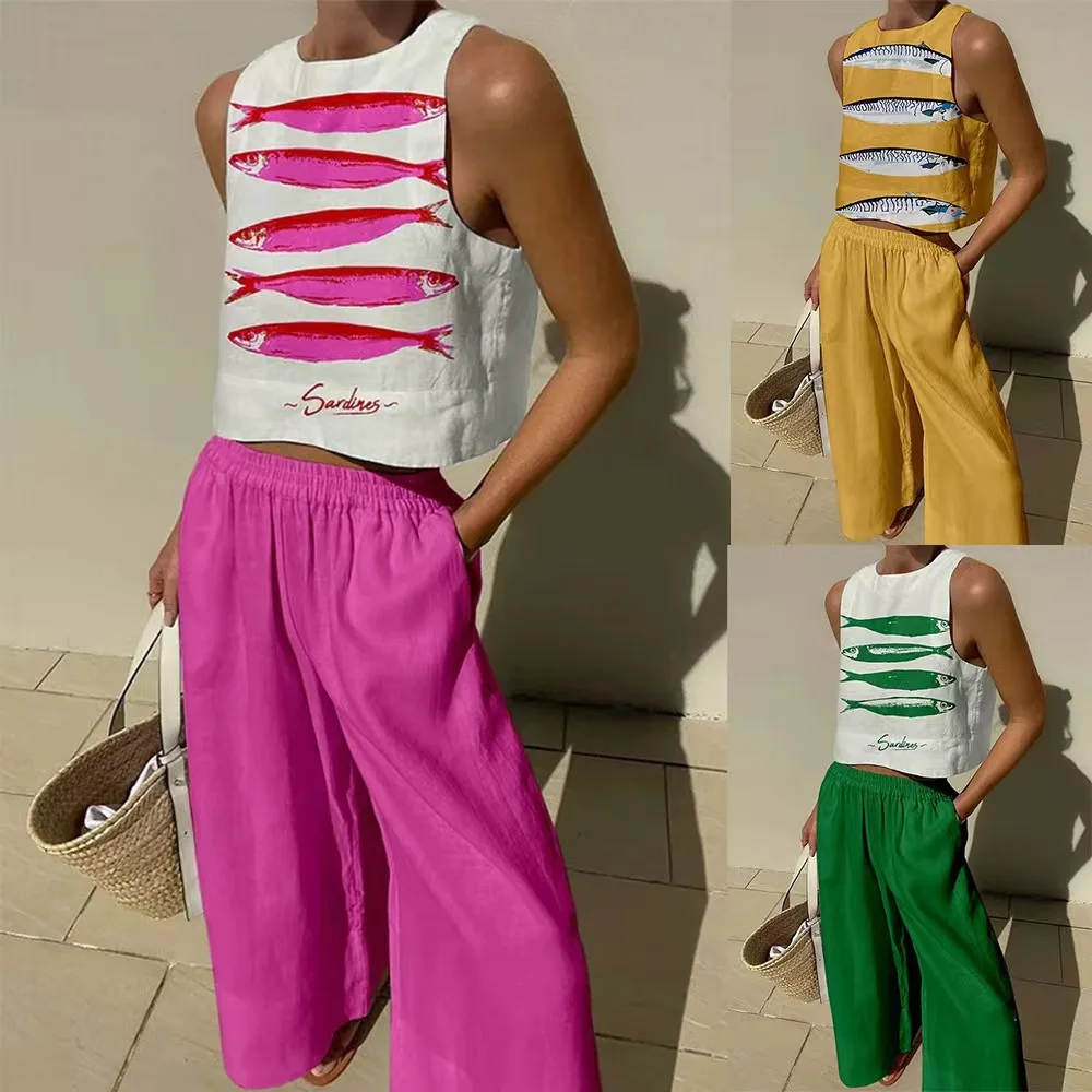 Новый летний женский комплект из двух предметов с принтом, модный топ без рукавов и брючный костюм с круглым вырезом, повседневный карманный праздничный свободный комплект