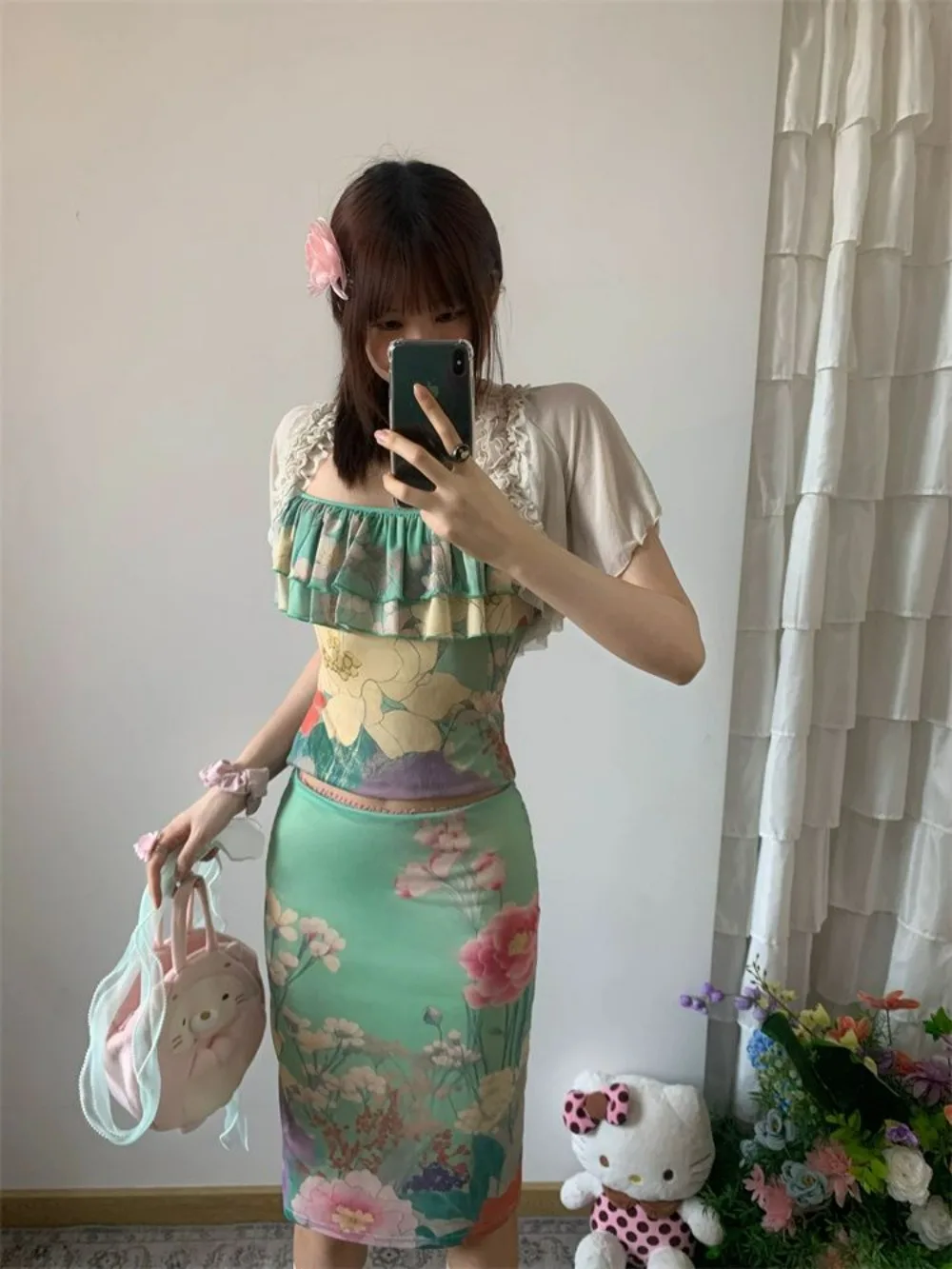 Set da donna con gonna a scialle a vita alta con canotta floreale verde orientale, abito elegante estivo vintage, vendita calda, abbigliamento quotidiano Wabi Sabi