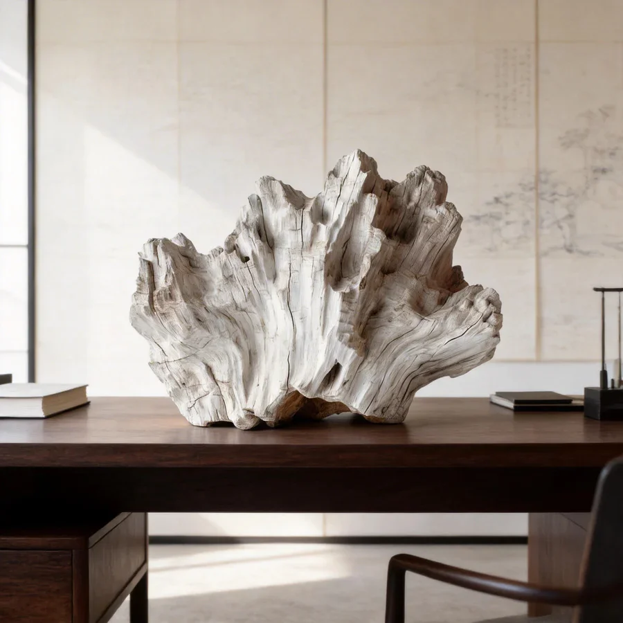 Weathered White Wash Raw Wood Root Carving Statue Irregular Organic Root Sculpture For Zen Tea Space Banquet Hall