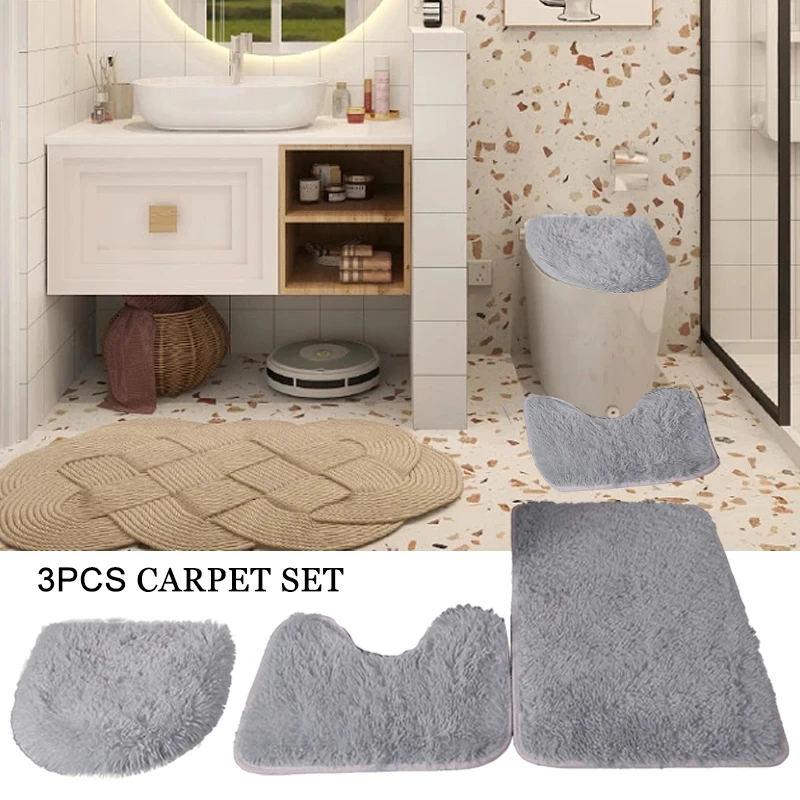 3Pcs Bathroom Rug Set Bath Plush Rug Contour Mat Toilet Lid Cover Machine Washable Super Soft Microfiber Non Slip Door Carpet