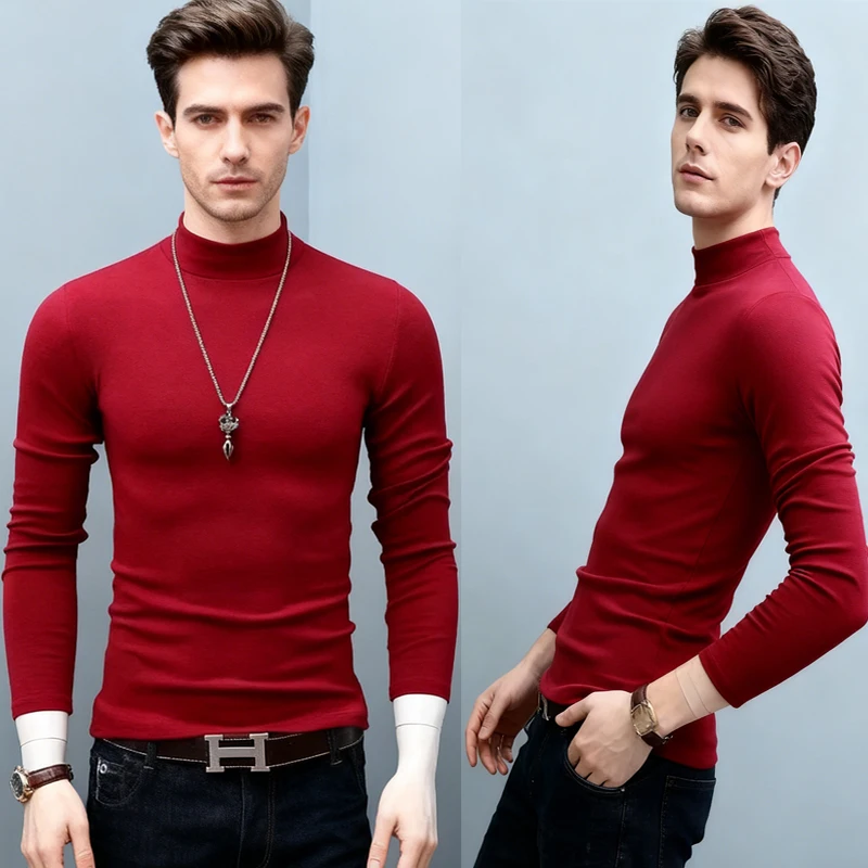 

2025 Autumn Winter Men's High Neck T-shirt Slim Fit Fashion High Elastic Long Sleeve Cotton Casual Breathable Apparel Pullover