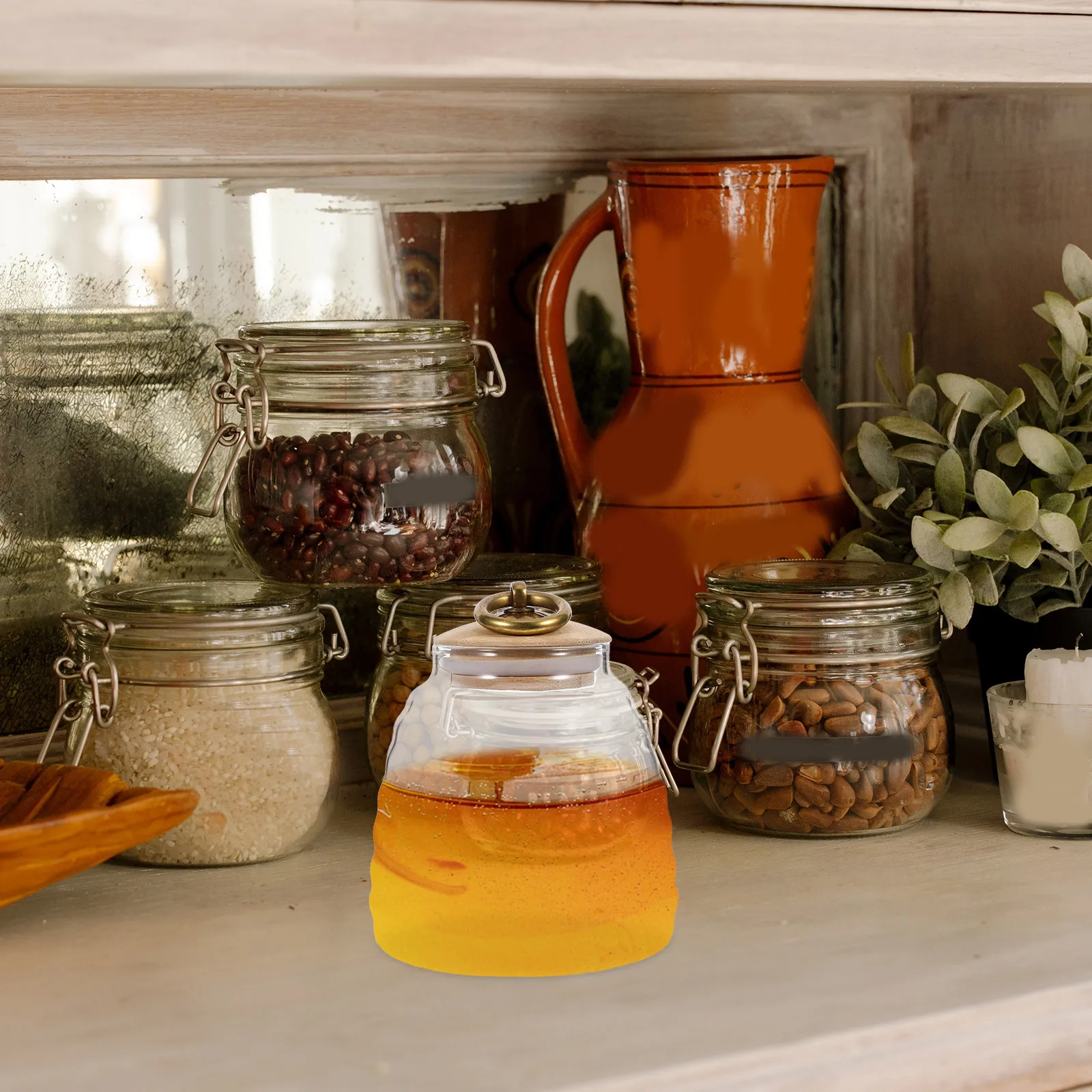 

Glass Honey Jar Bamboo Lid Transparent Food Storage Container Kitchen Jam Pot Dispenser Honey Jar Syrup Dispenser