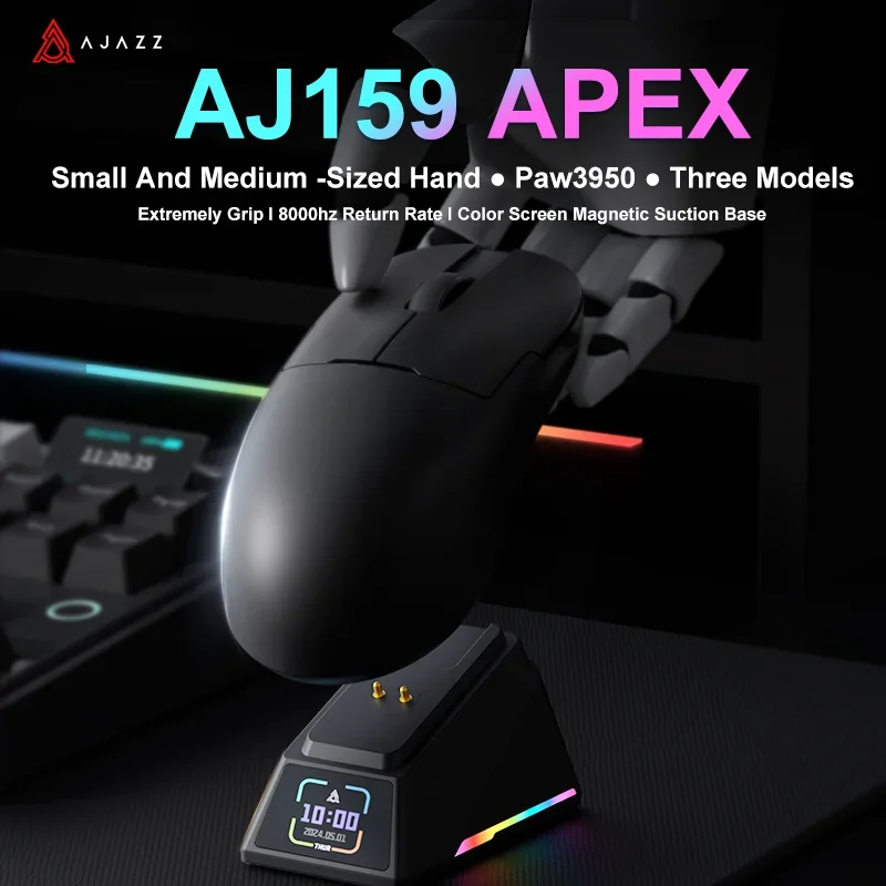 AJAZZ AJ159 APEX ratón inalámbrico Bluetooth de tres modos Base de carga magnética RGB PAW3950 30kDPI accesorio de ratón para juegos de baja latencia