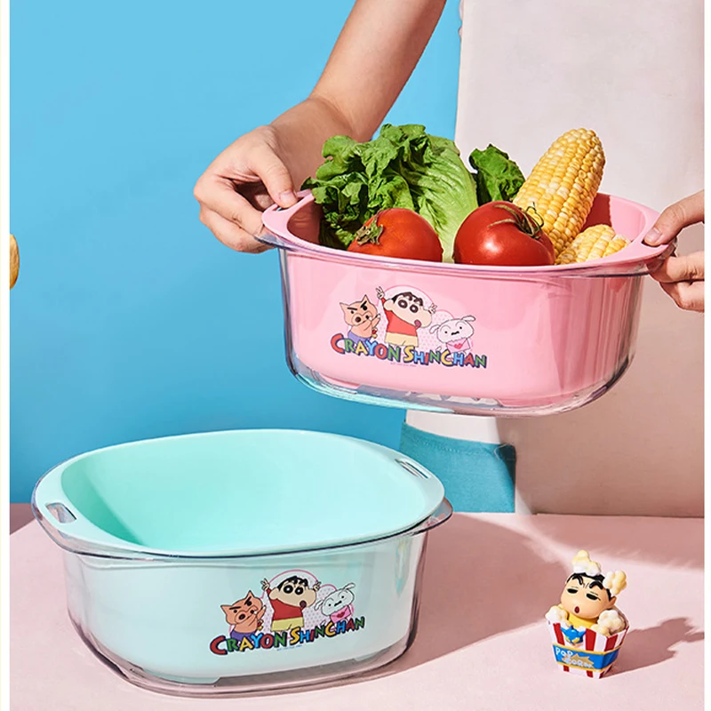 Cartoon Crayon Shin-Chan Double Layer Vegetable Washing Basket Anime Household Colander Cute Portable Plastic Kitchen Sink