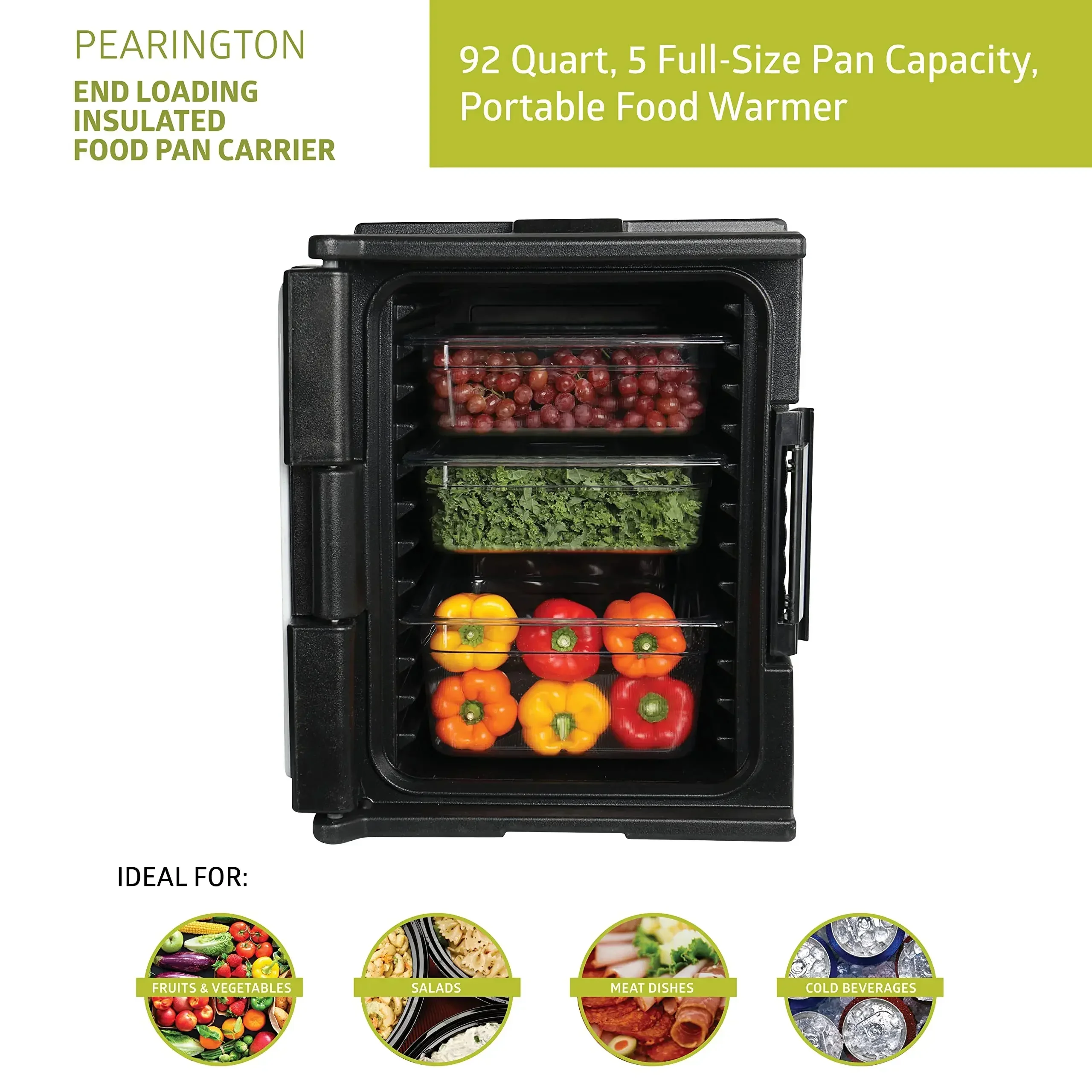 Pearington 92 Quart End-Loading Insulated Food Pan Carrier for 5 Full-Size Pans