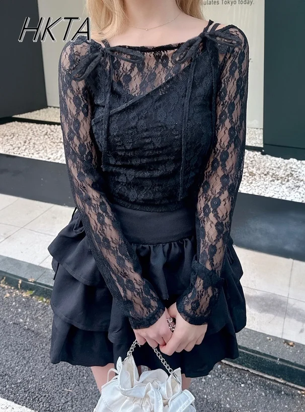 Estilo japonés Retro con cordones ahuecados camisa de manga larga Tops mujeres Mine novedad de verano dulce cintura delgada chica caliente camiseta negra