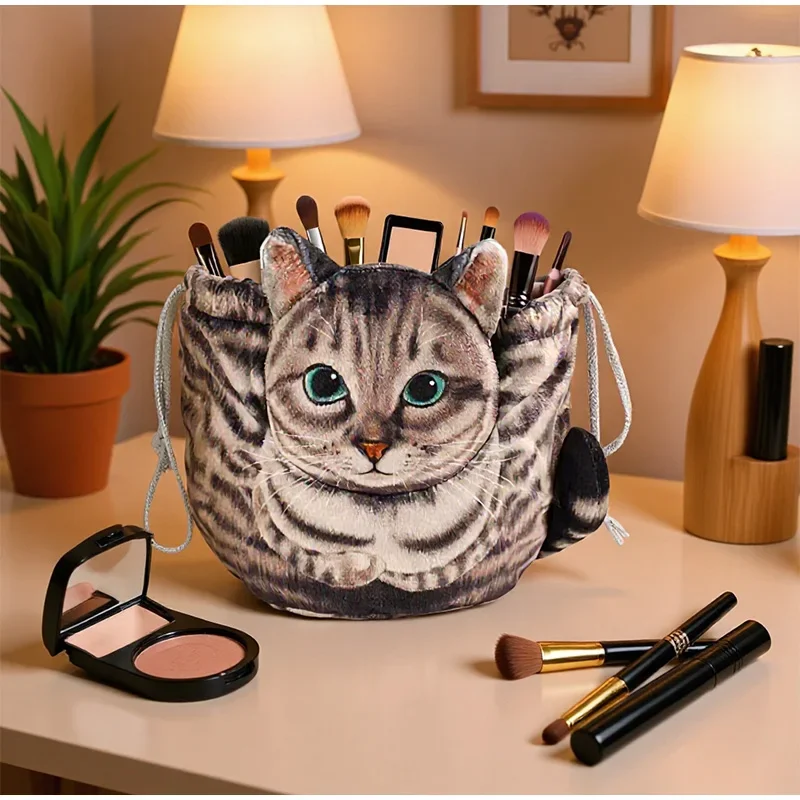 Kosmetik-Aufbewahrungstasche in Katzenform, niedliche Make-up-/Hautpflege-Organizer-Tasche in Reisegröße mit Kordelzugverschluss, Geschenktasche für Katzenliebhaber – Detail 11