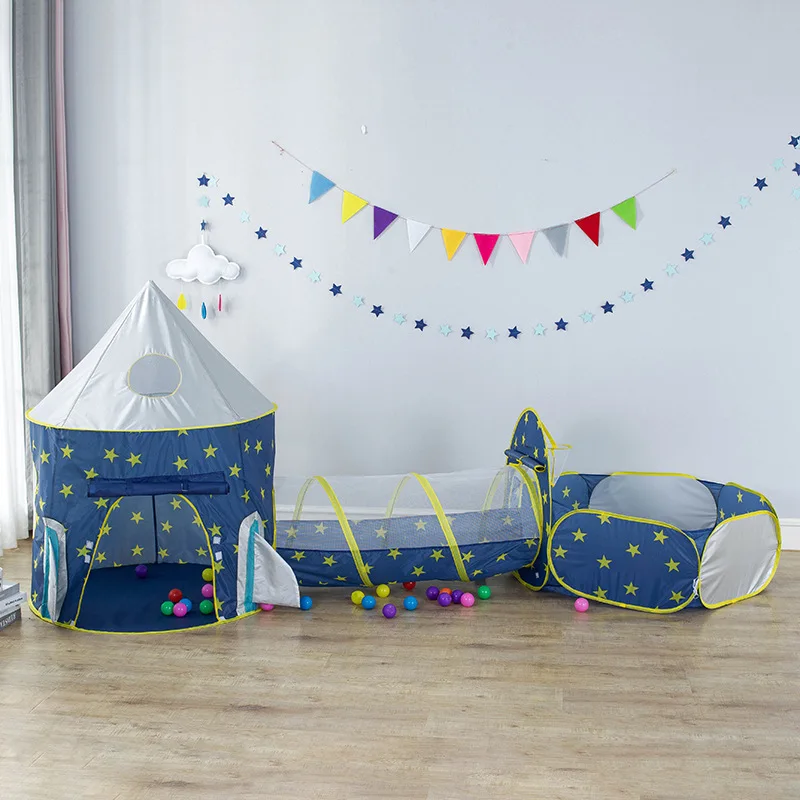3 in 1 Portable Rocket Children\'s Tent Toys Camping Tent Kids Ball Pool for Children Play House Crawling Tunnel Pop-up Tent