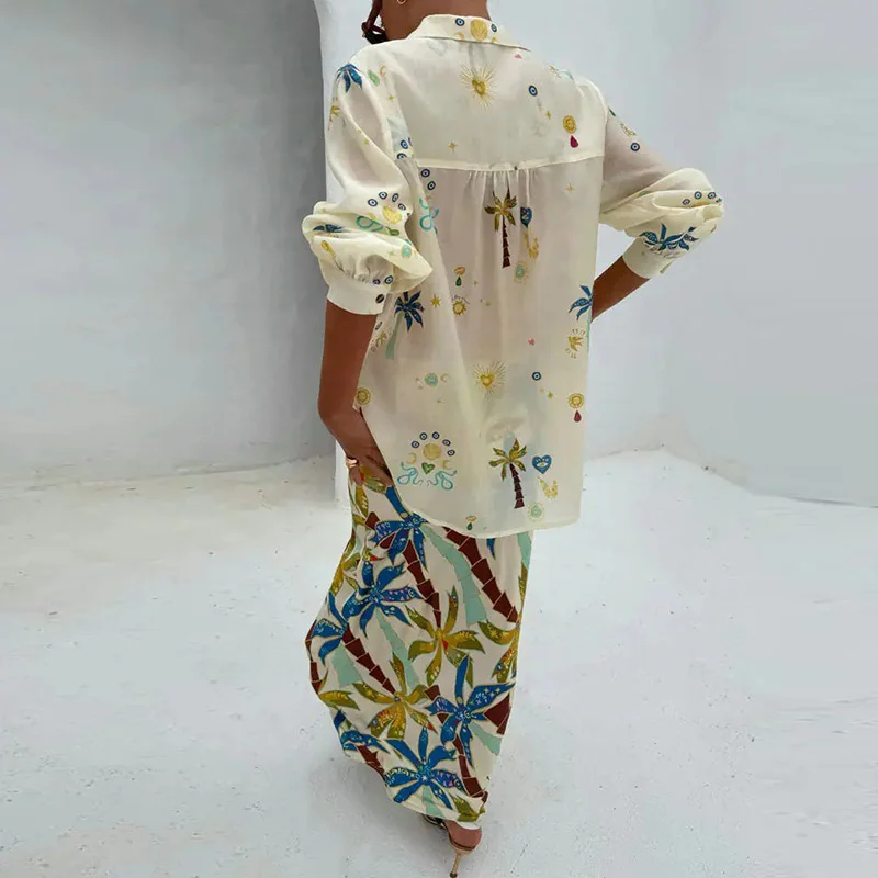 كل مباراة جيوب مجموعة Mujer المرأة عادية النباتات الاستوائية قطعتين عطلة وتتسابق 2025 أنيقة التلبيب زر قميص والسراويل دعوى