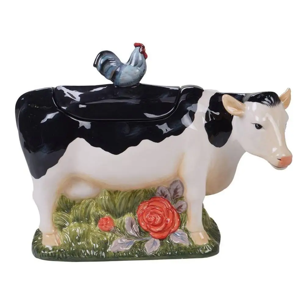 Barro Farmhouse Cookie Jar, Padrão Country Farm, Danhui Nai 3D Cow Rooster Lid, Misture Jogo Snack Time 8.25 "H 5.5" W, 58oz