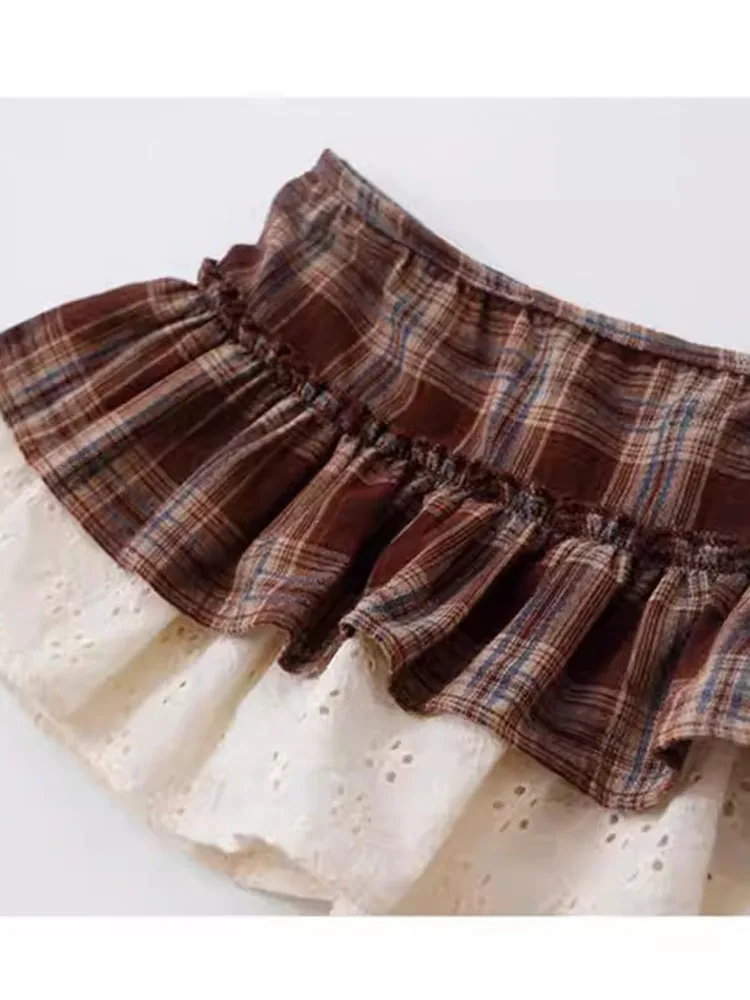 Cafe Au Lait Plaid Lace Apron Style Short Skirt for Women High Waist A-Line Silhouette Vintage Daily Wear One-Piece Overlap