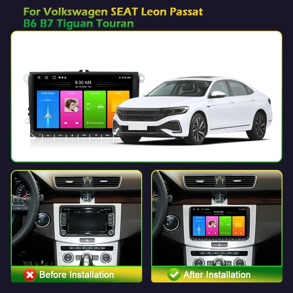 Wireless Carplay Stereo Android 13 For Volkswagen SEAT Leon Passat B6 B7 Tiguan Touran 9inch Multimedia Navigation Screen 2DIN