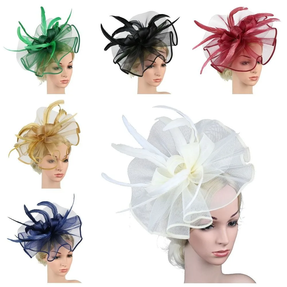 Stylish Top Hat Headband Formal Dress British Retro Cocktail Bridal Mesh Cap Exquisite Luxury Wedding Feather Hat Headband Party image 4