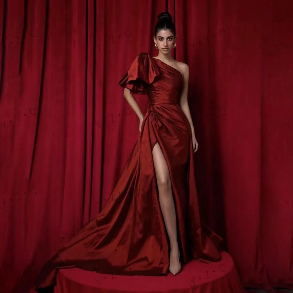 Elegance Burgundy Long Formal Dresses With Sleeve One Shoulder Pleated Split Prom Gown Trimmed Details Women Party Dress Ruched
